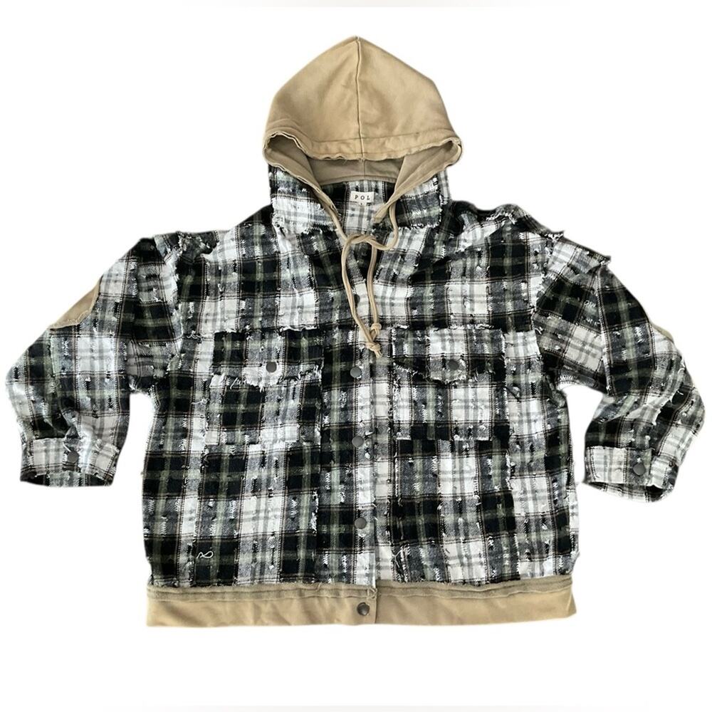 POL Women’s Plaid Button-Front Distressed Hooded Shirt Jacket Size Large EUC